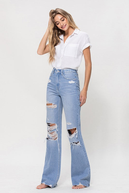 90s Vintage Light Denim Distressed Flare Jeans