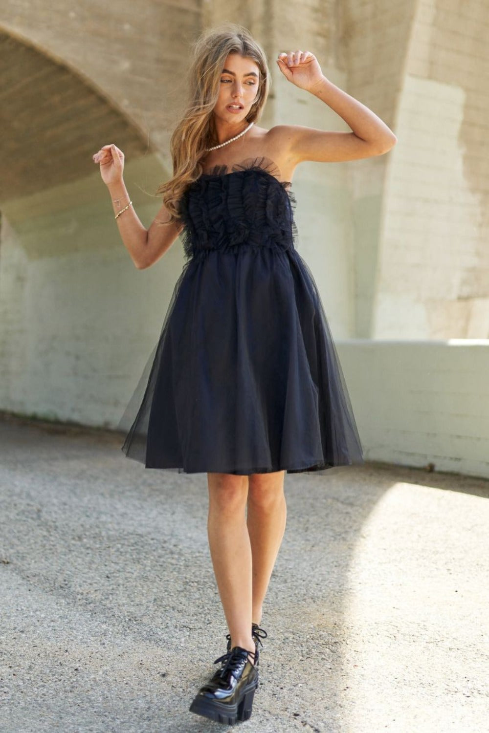 Black Mesh Ruffle Tube Top Swing Party Dress