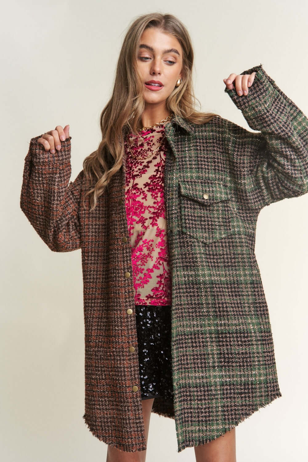 Misty Forest Green Snap Down Tweed Plaid Contrast Longline Shacket, Shackets, $ 72.00, A Moment Of Now™