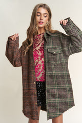 Misty Forest Green Snap Down Tweed Plaid Contrast  Longline Shacket