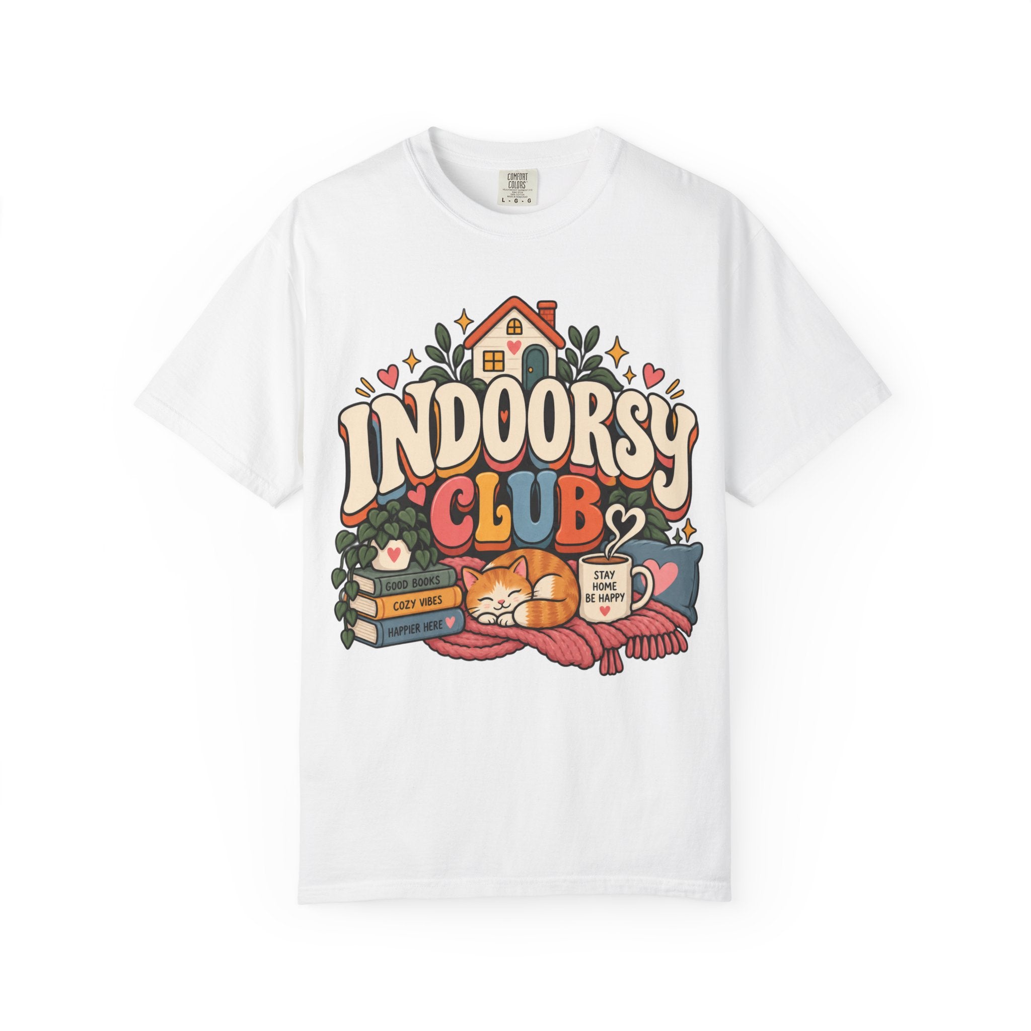 Indoorsy Club T-Shirt — Cozy Homebody Graphic Tee (Cat, Books, Tea) - t-shirt product image 1