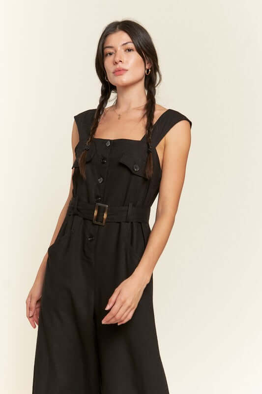 SLEEVELESS SQUARE NECK BUTTON DOWN ANKLE JUMPSUIT, Jade By Jane, $ 86.95