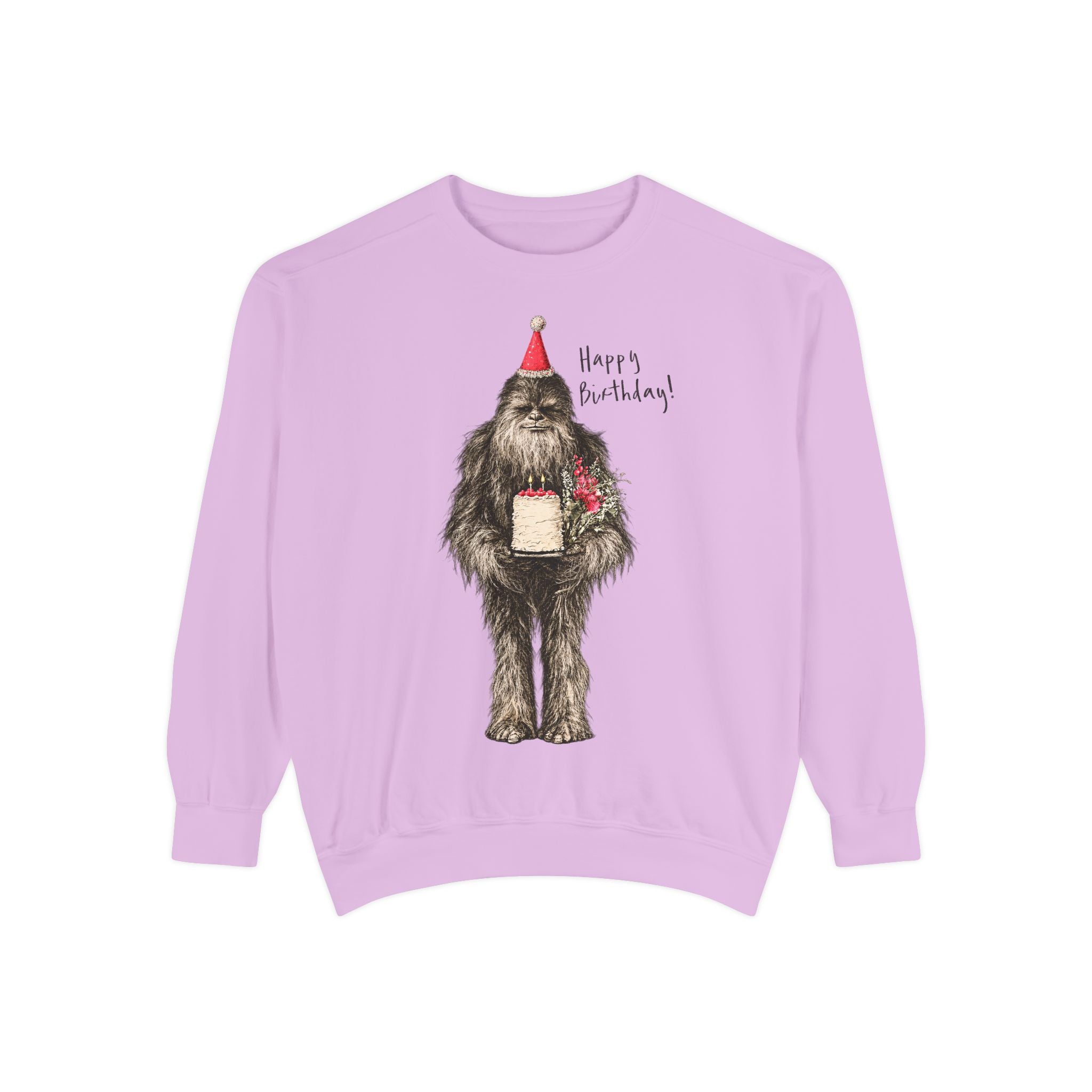 Birthday Bigfoot Sweatshirt — Funny Sasquatch with Cake