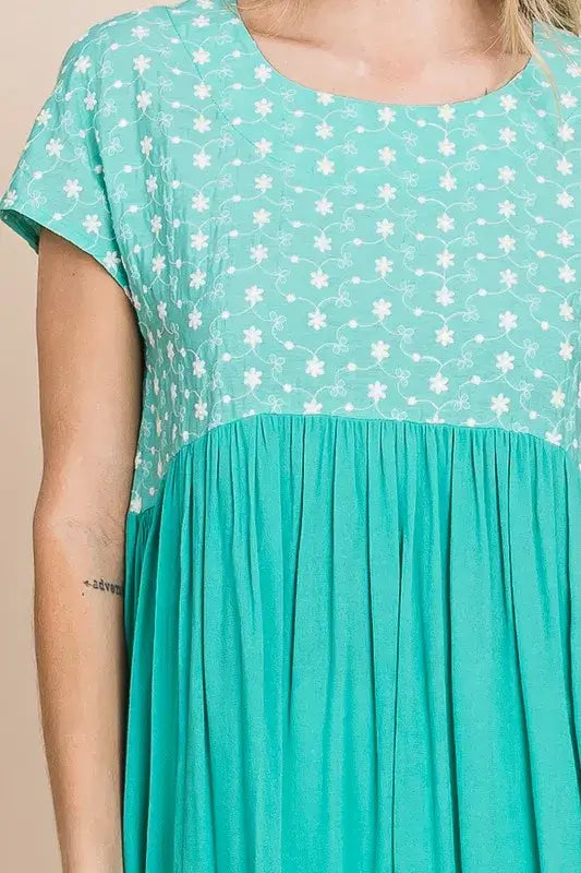 Mint Embroidered Short Sleeve Pleated Babydoll Top Plus Size, Tops, $ 25.00, A Moment Of Now™