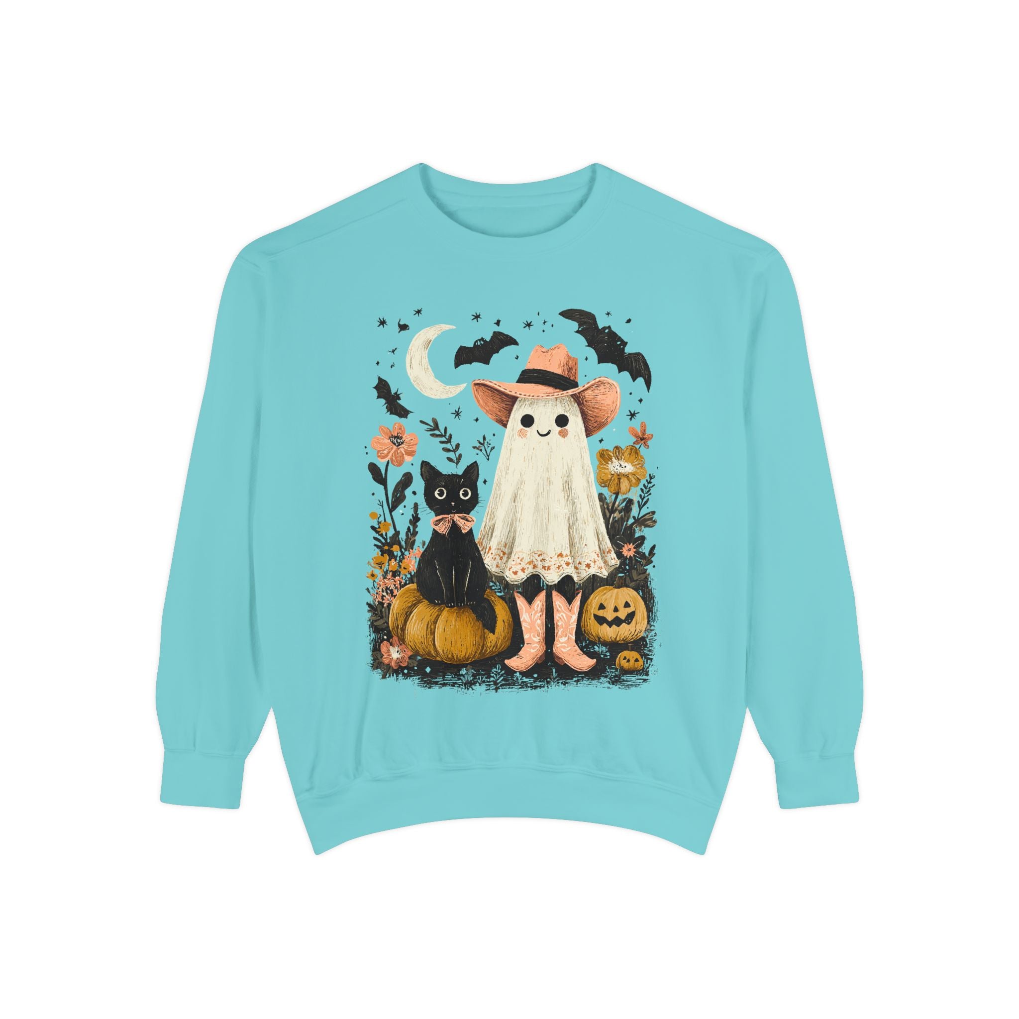 Halloween Ghost Costume Sweatshirt — Cute Ghost, Black Cat & Pumpkins Fall Pullover - sweatshirt product image 6