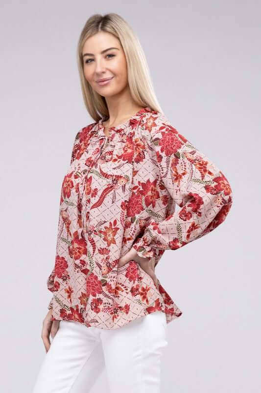 Red Floral Print Tie Neck Blouse, Nuvi Apparel, A Moment Of Now