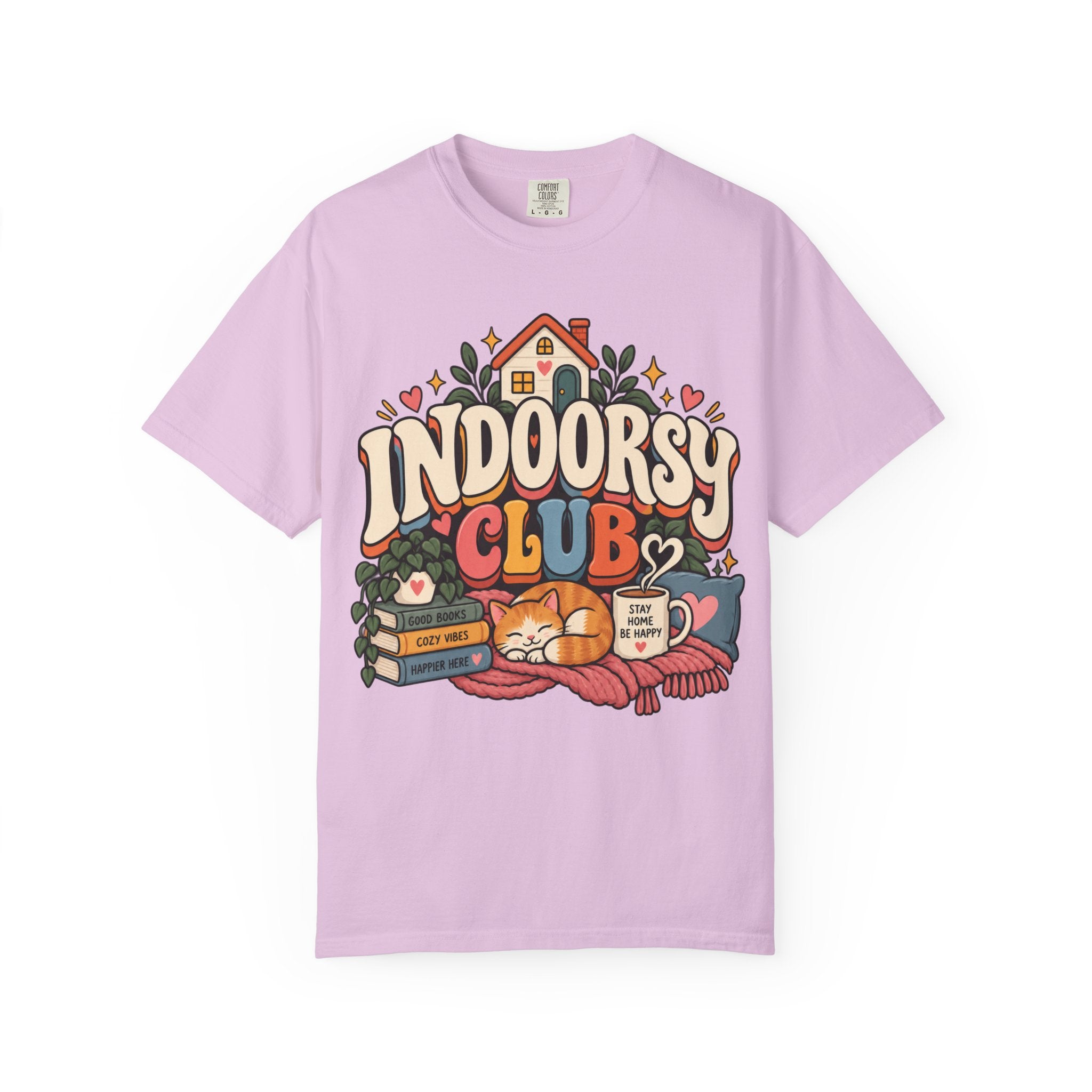 Indoorsy Club T-Shirt — Cozy Homebody Graphic Tee (Cat, Books, Tea) - t-shirt product image 13
