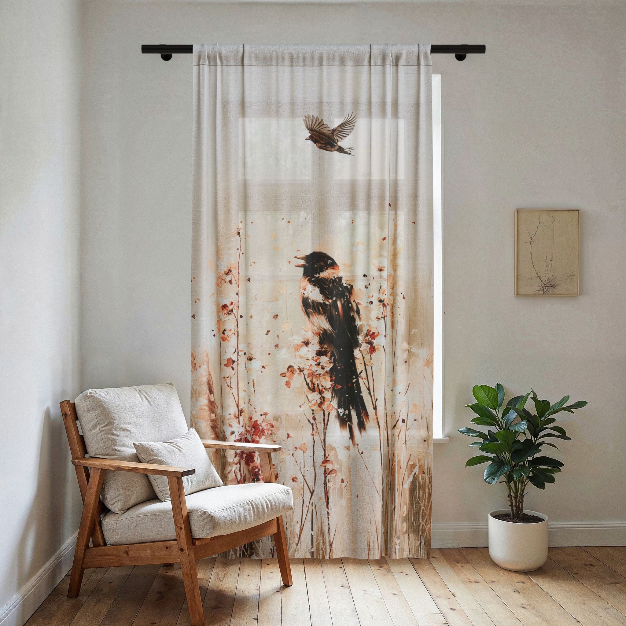 Birds in Wildflowers Sheer Curtain | Botanical Songbird Window Panel