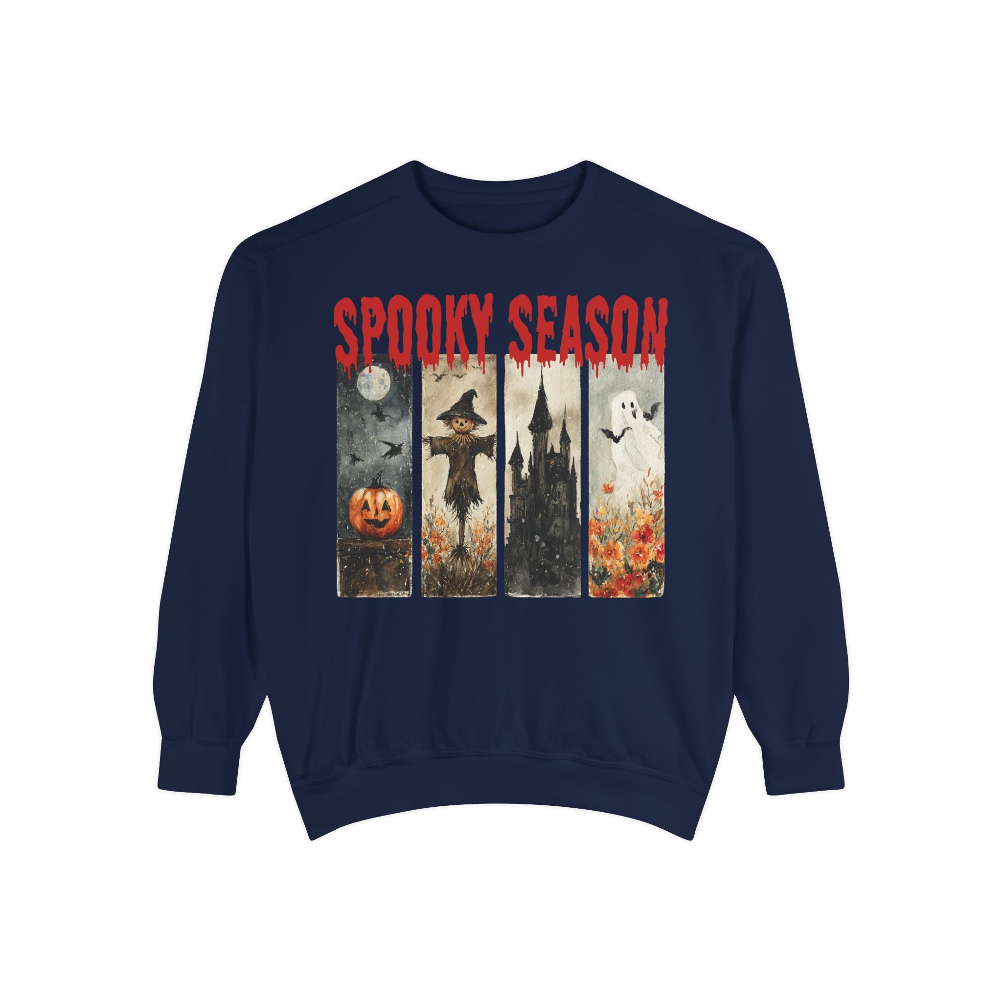 Spooky Season Halloween sweatshirt with vintage pumpkin, witch and ghost graphic — product mockup