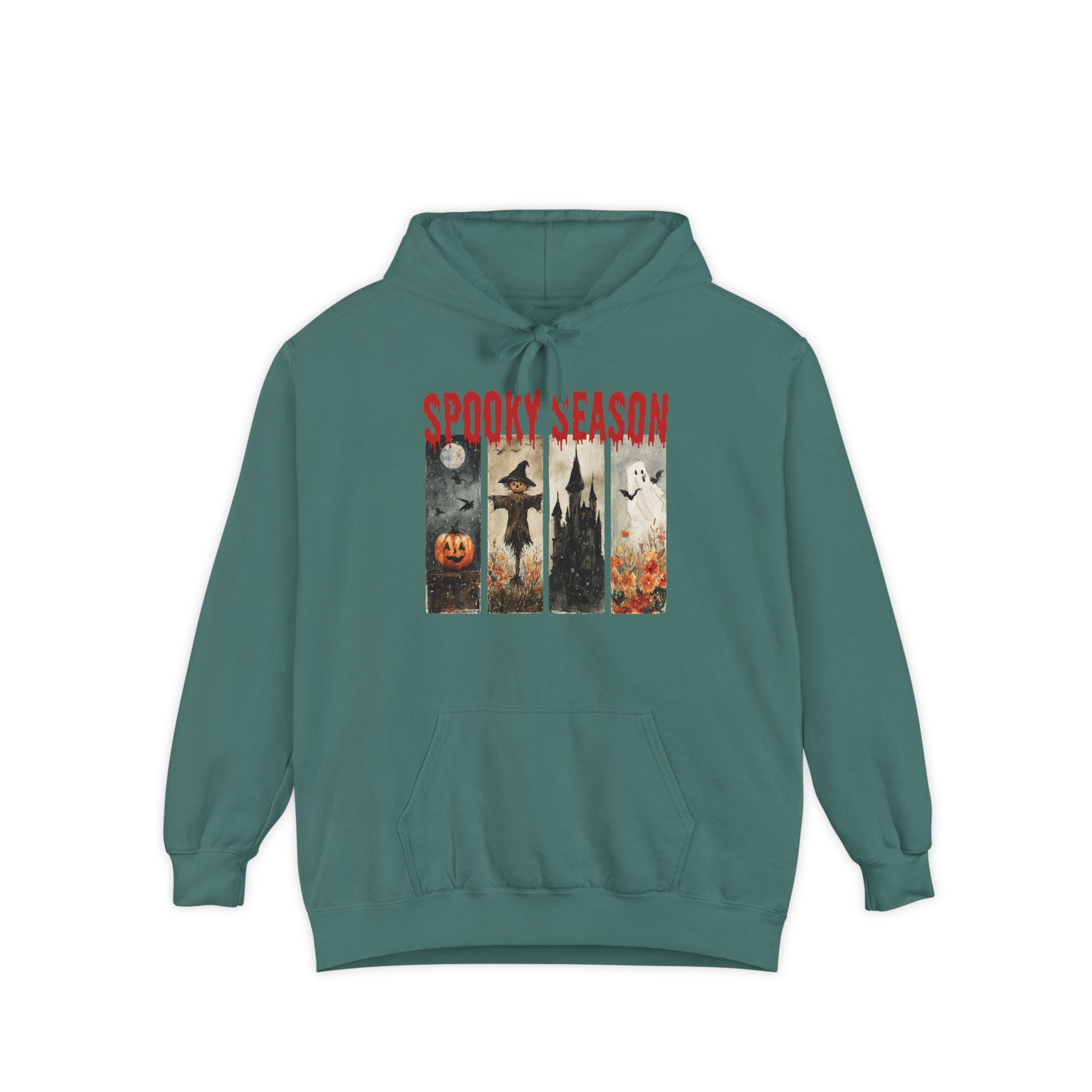 Spooky Season Halloween hoodie with vintage pumpkin, witch and ghost graphic — product mockup