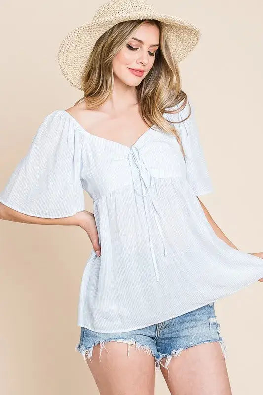 Sky Blue Thin Striped with Tie Front Babydoll Top: Chic Style, Tops, $ 27.00, A Moment Of Now™