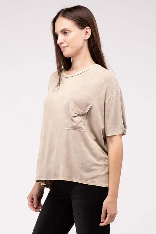 Washed Ribbed Cuffed Short Sleeve Round Neck Top, ZENANA, $ 32.95