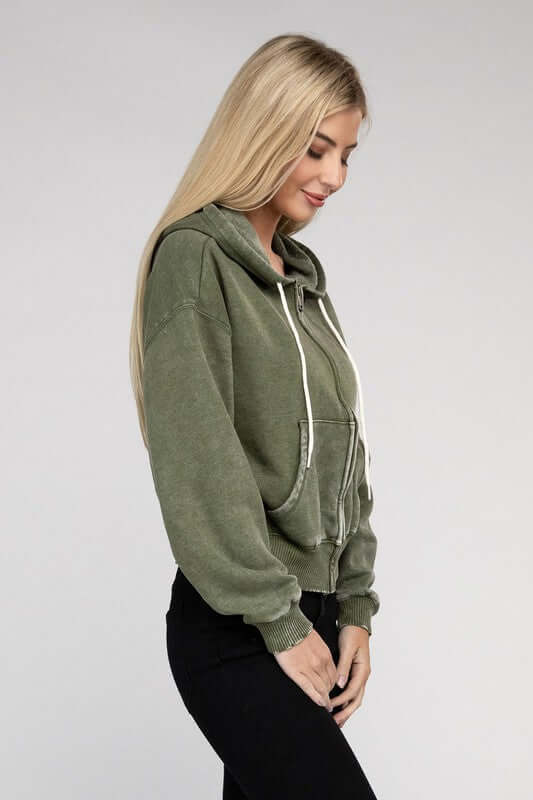 Acid Wash Fleece Cropped Zip-Up Hoodie, ZENANA, $ 49.95