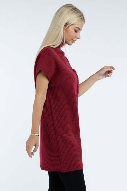 Women's Mock Neck Short Sleeve Mini Sweater Dress with Pocket, ZENANA, $ 55.00