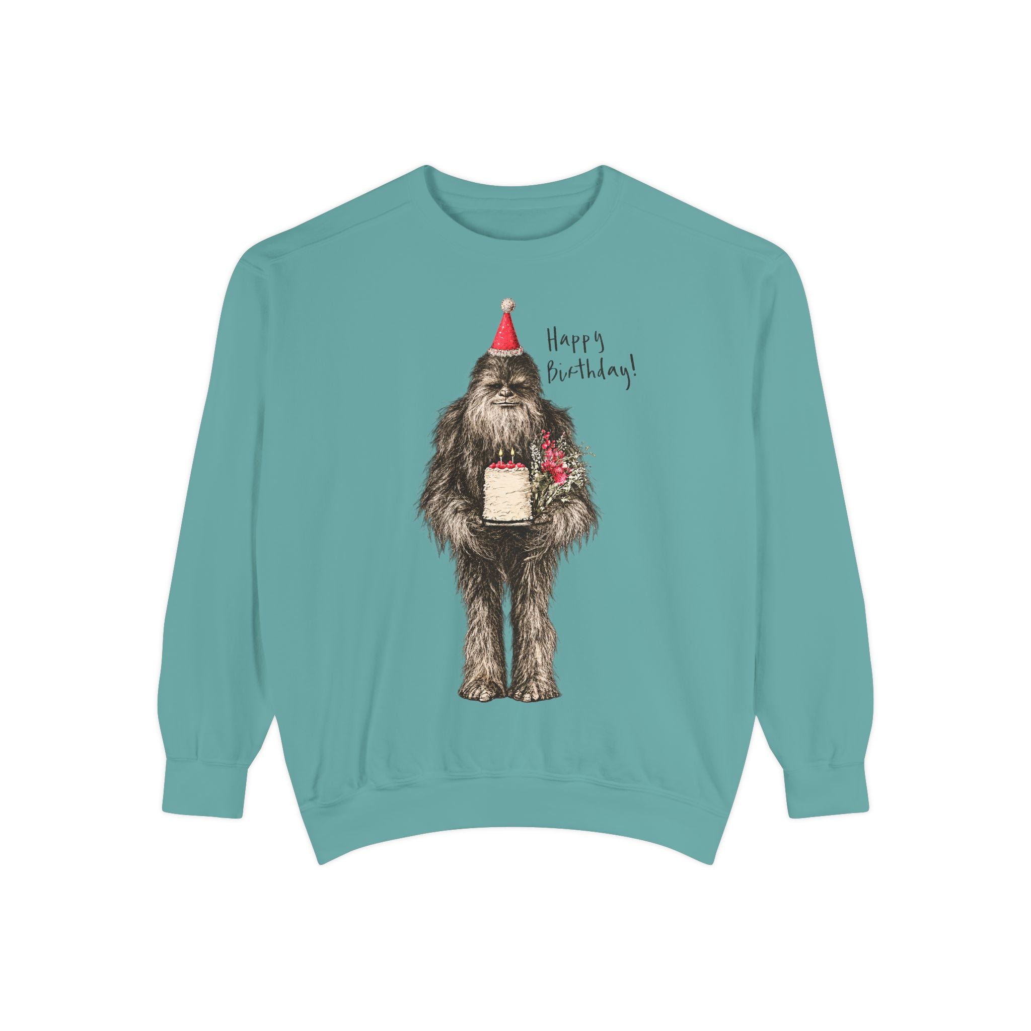 Birthday Bigfoot Sweatshirt — Funny Sasquatch with Cake