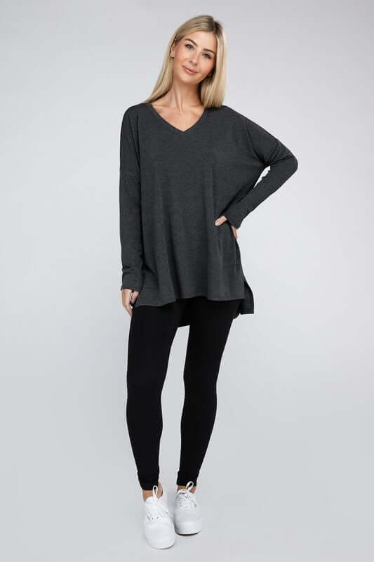 Dolman Long Sleeve V-Neck Side Slit Hi-Low Hem Top, ZENANA, $ 19.00