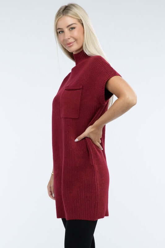 Women's Mock Neck Short Sleeve Mini Sweater Dress with Pocket, ZENANA, $ 55.00