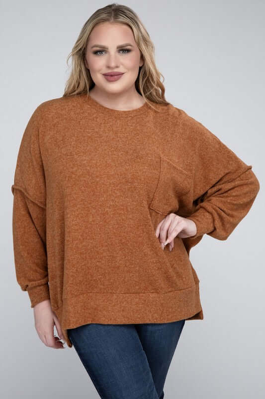 Plus Size Brushed Melange Drop Shoulder Sweater, ZENANA, $ 28.95