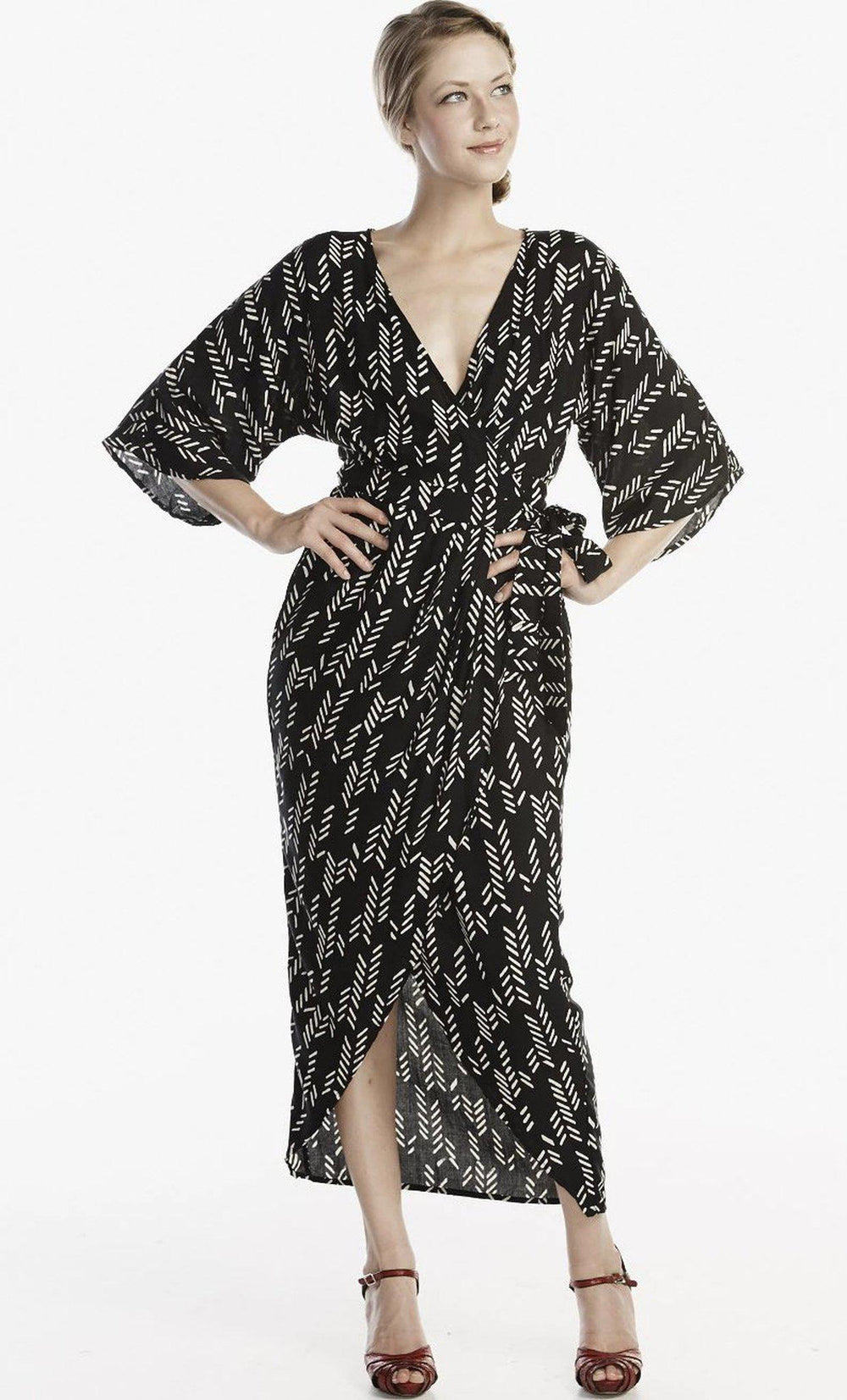 Stylized Feather Wrap Dress in Black + Cream | Boutique In USA, Dresses, $ 180.00, A Moment Of Now™