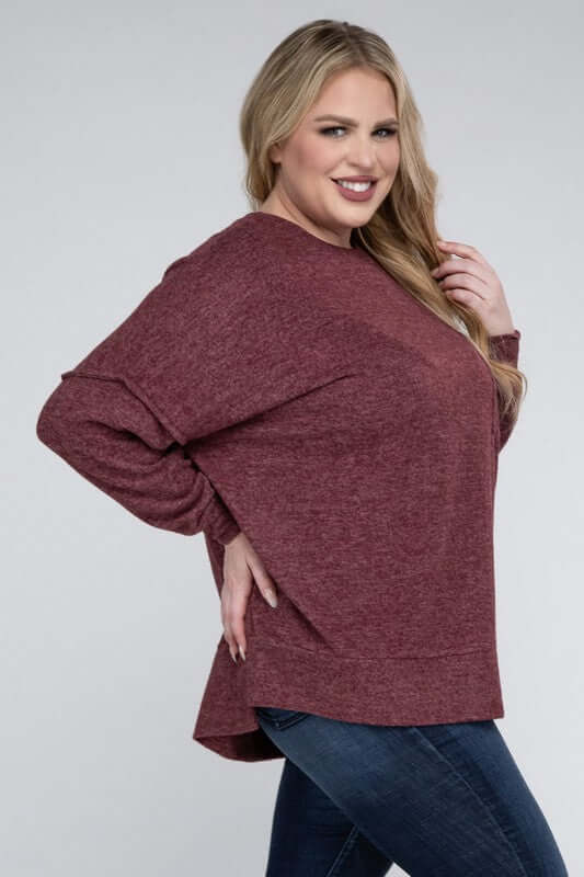 Plus Size Brushed Melange Drop Shoulder Sweater, ZENANA, $ 28.95