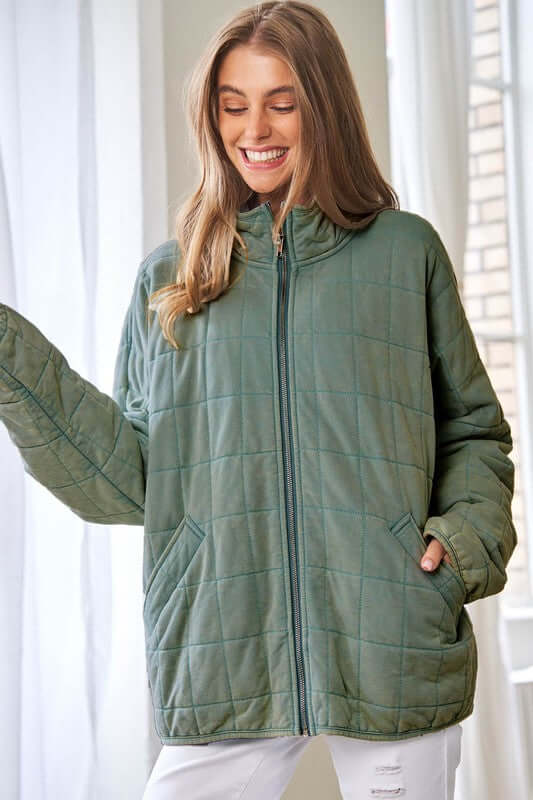 Washed Soft Comfy Quilting Zip Closure Jacket, Davi & Dani, $ 85.95