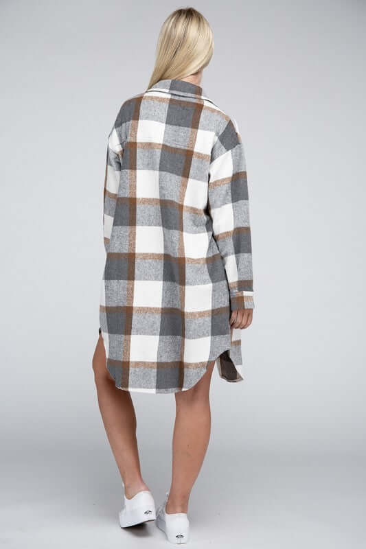 Shop Grey White Plaid Drop Shoulder Long Shirt | Boutique Clothing & Shoes, Shirts, USA Boutique