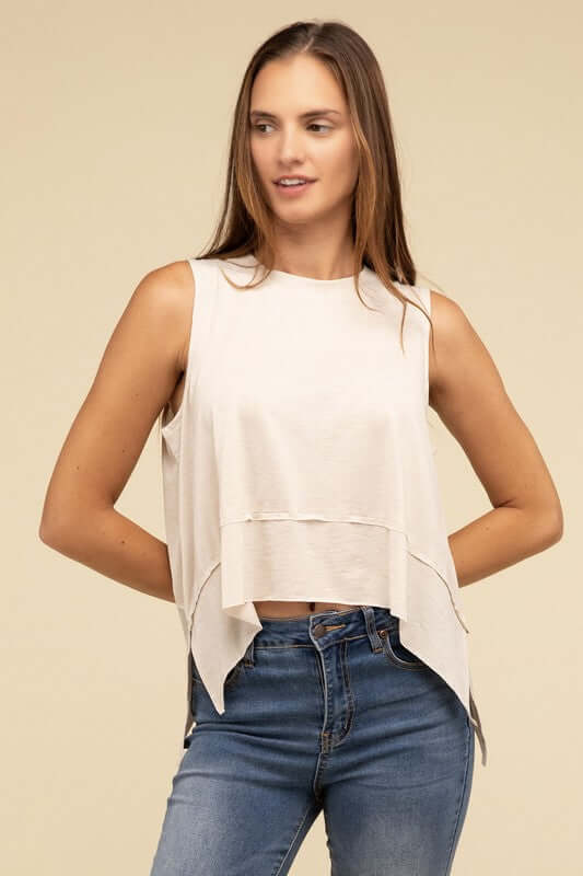 Women's Shark Bite Side Slit Short Sleeveless Top | USA Boutique, ZENANA, $ 25.95