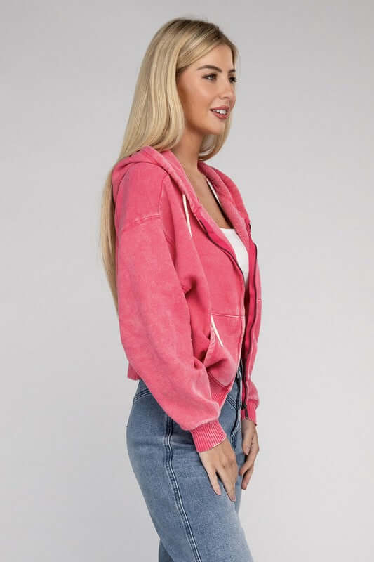 Acid Wash Fleece Cropped Zip-Up Hoodie, ZENANA, $ 49.95