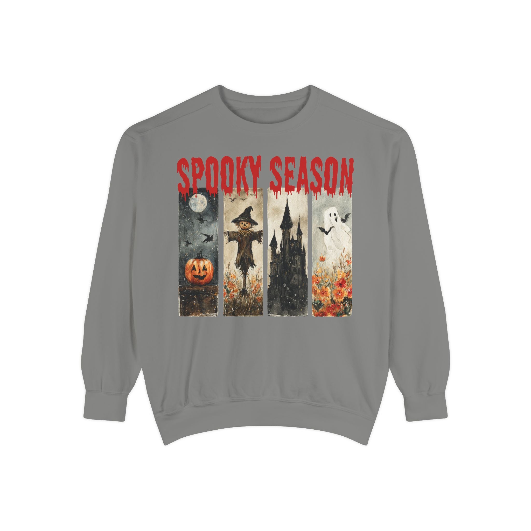 Spooky Season Halloween sweatshirt with vintage pumpkin, witch and ghost graphic — product mockup