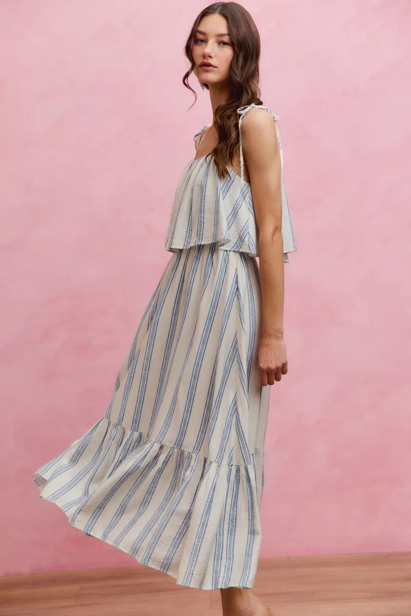 Stripe Tiered Shoulder Tie Midi Lined Dress | Boutique In USA, Dresses, $ 59.00, A Moment Of Now™