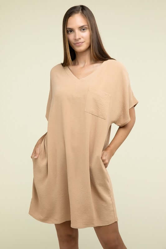 Causal Woven Airflow V Neck T-Shirt Dress with Pockets, ZENANA, A Moment Of Now