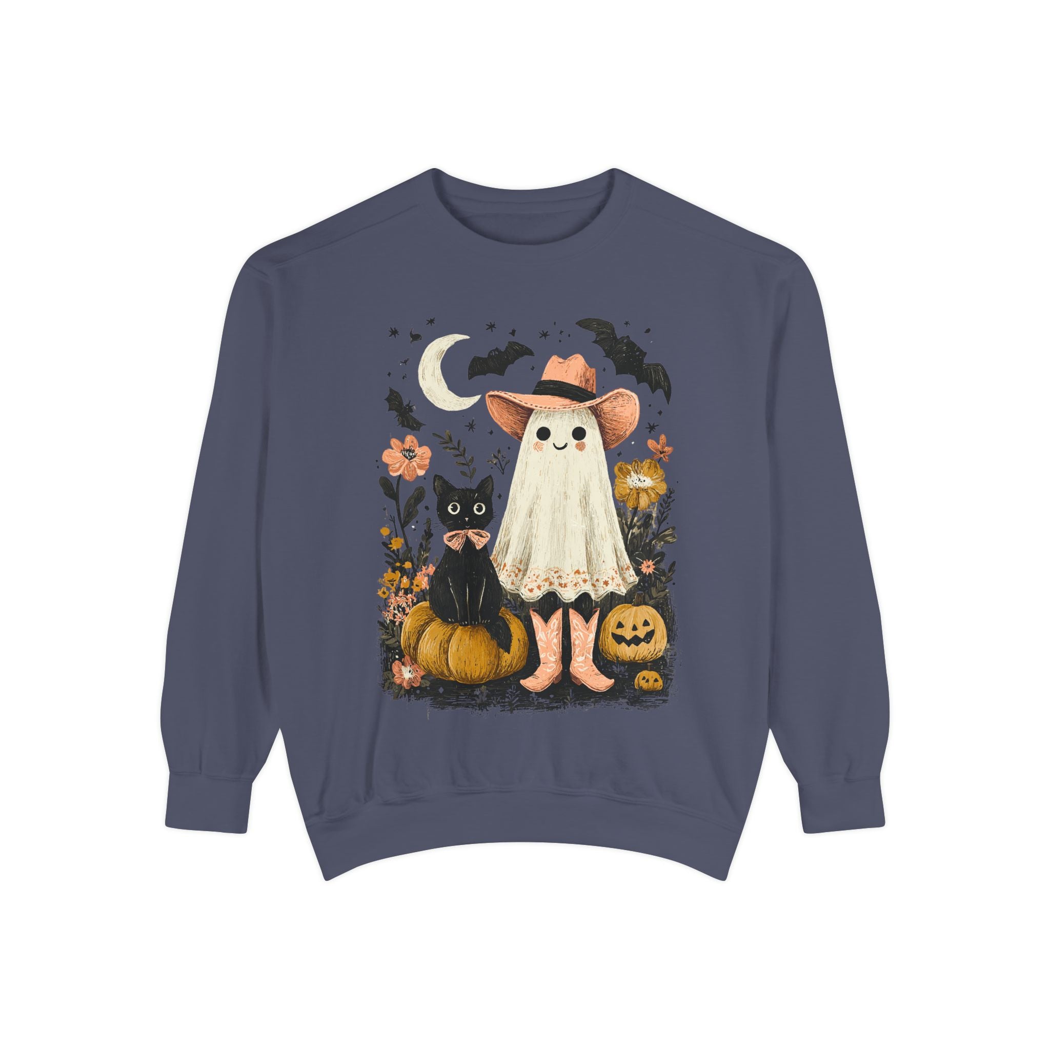 Halloween Ghost Costume Sweatshirt — Cute Ghost, Black Cat & Pumpkins Fall Pullover - sweatshirt product image 14