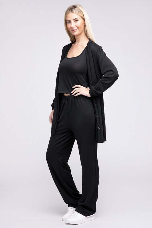 Black Solid Tank Top, Pants & Cardigan Set, Nuvi Apparel, $ 45.00