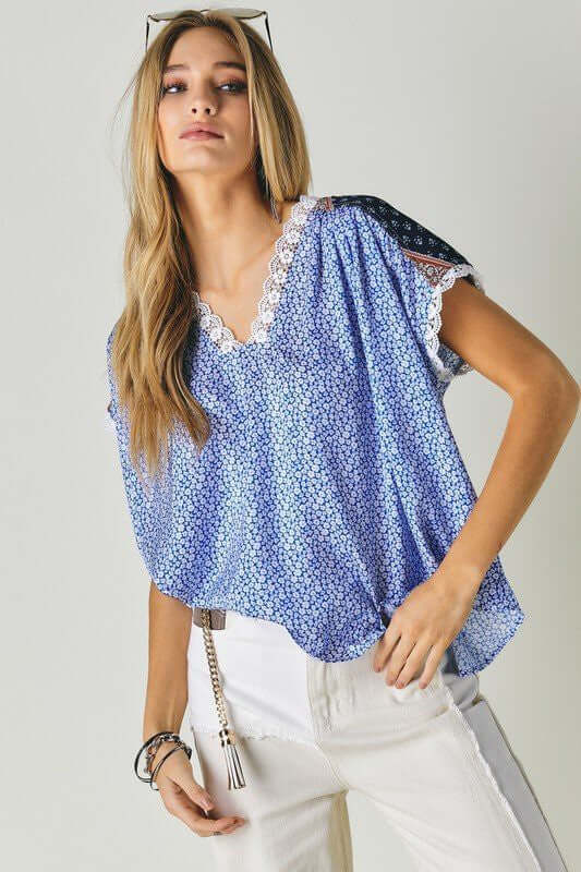 Printed Lace V-Neck Short Sleeve Loose Top, Davi & Dani, $ 49.00