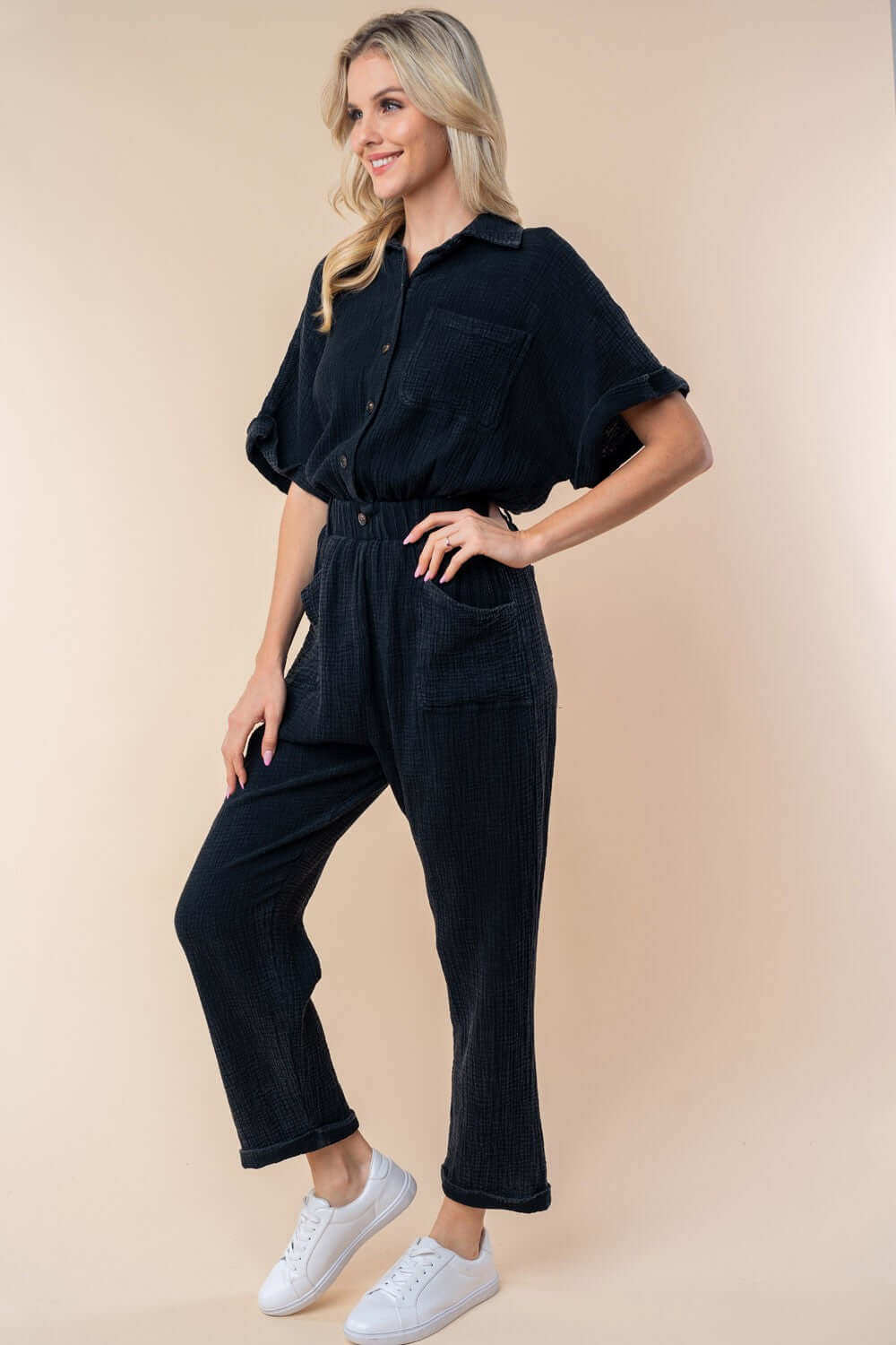 Black Texture Short Sleeve Jumpsuit, White Birch, $ 59.00