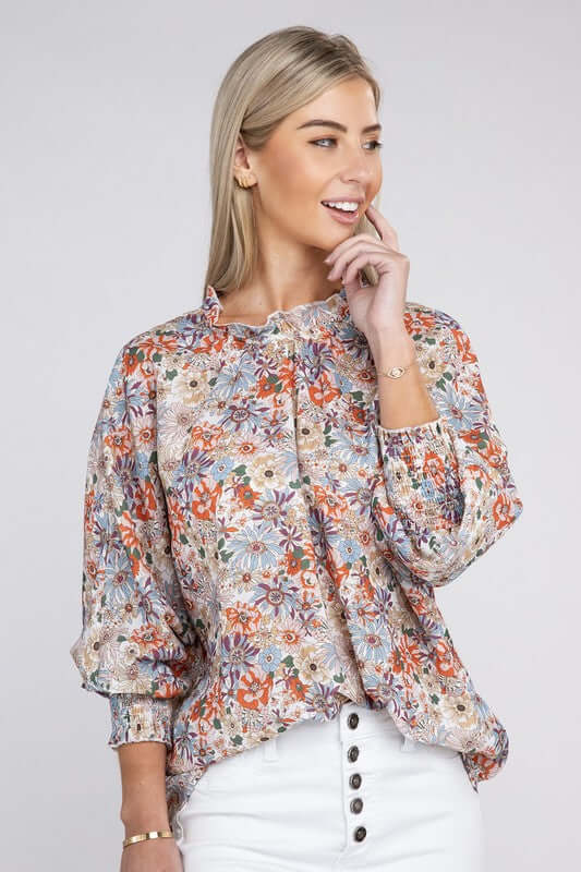 Floral Print Mock Neck Raglan Sleeve Blouse, Nuvi Apparel, $ 41.95