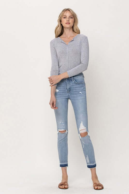 Beach House Light Blue Distressed Mid Rise Crop Skinny Jeans