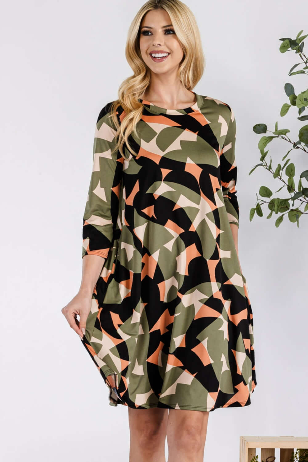 Olive Geometric Round Neck Dress with Pockets, Celeste, $ 49.00