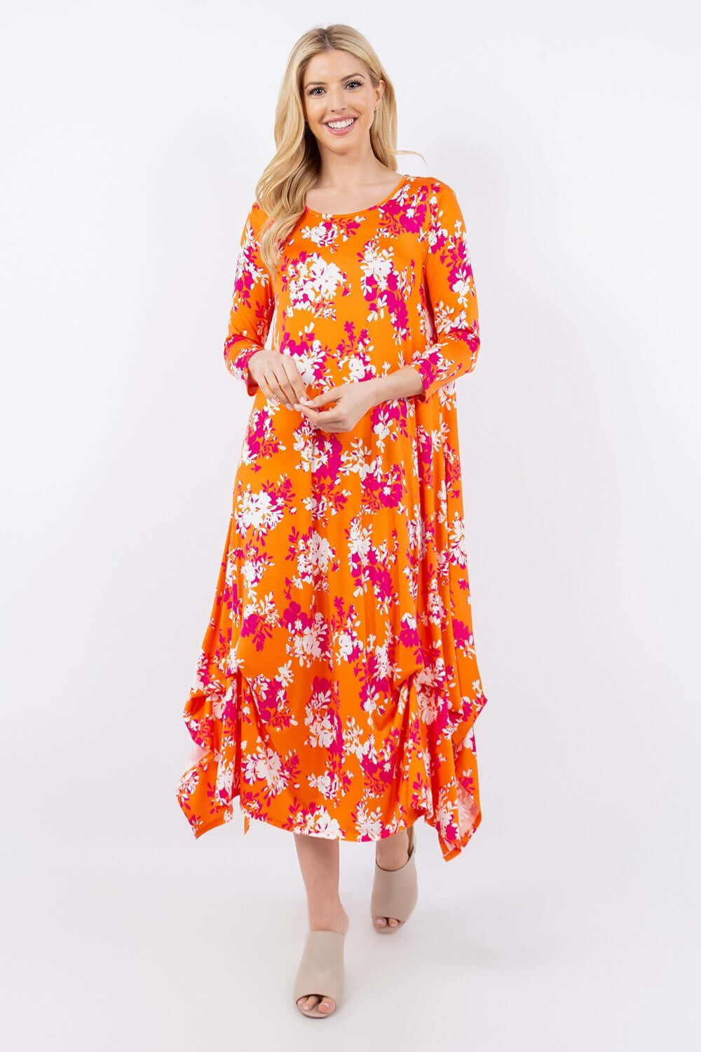 Orange Floral Pick-Up Hem Asymmetric Floral Midi Dress, Celeste, A Moment Of Now