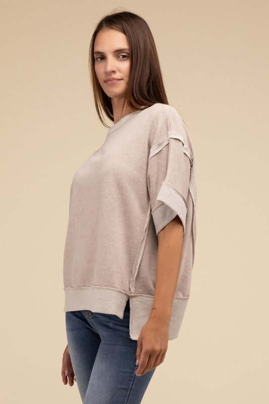 Contrast Trim Top Stitching Drop Shoulder Top, ZENANA, $ 35.95