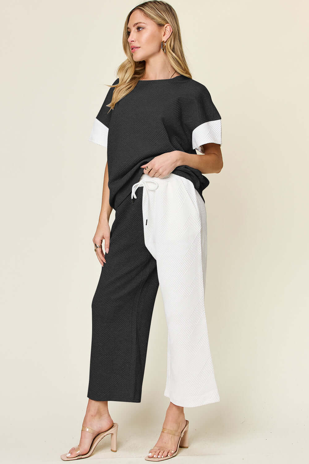 Short Sleeve Contrast T-Shirt and Wide Leg Pants Set, Double Take, A Moment Of Now