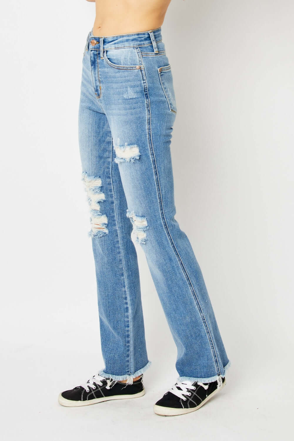 Judy Blue Medium Blue Distressed Raw Hem Bootcut Jeans, Judy Blue, $ 69.00