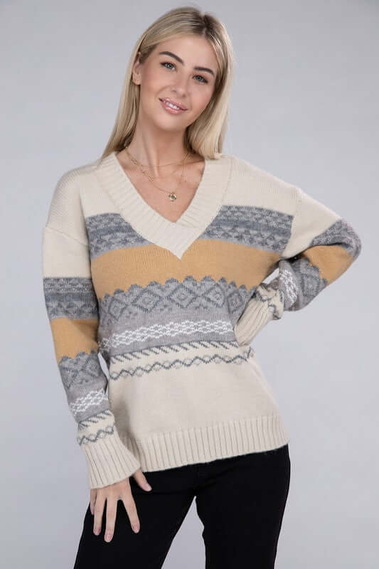 Classic Beige Stripe V Neck Sweater