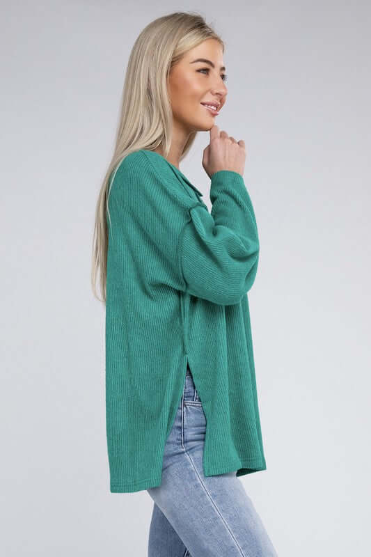 Ribbed Brushed Melange Hacci Henley Sweater, ZENANA, $ 29.00