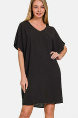 Black V-Neck Tee Mini Dress with Pockets, Zenana, $ 25.00