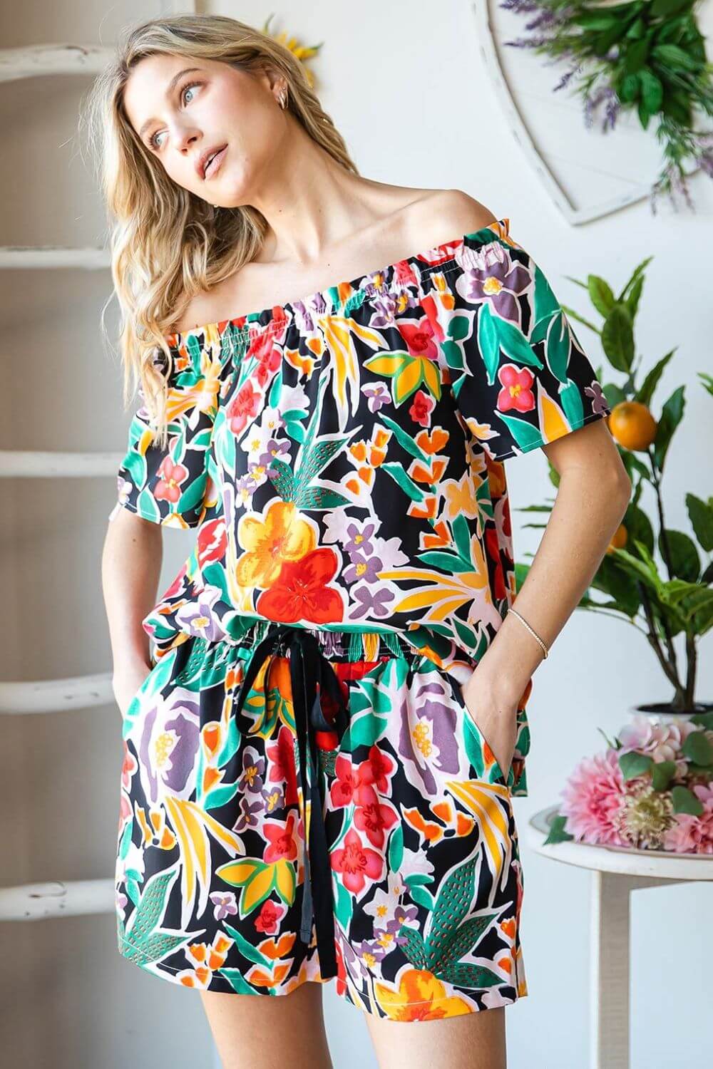 Boho Black Floral Combo Off-Shoulder Top, Tops, $ 34.00, A Moment Of Now™