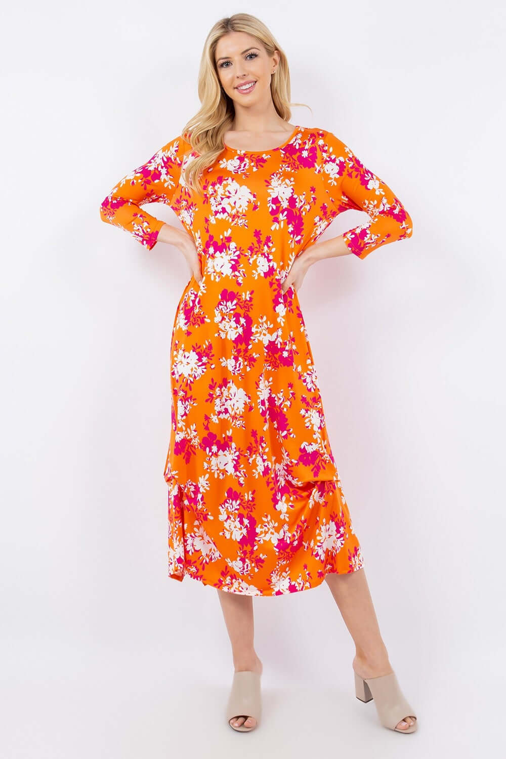 Orange Floral Pick-Up Hem Asymmetric Floral Midi Dress, Celeste, A Moment Of Now