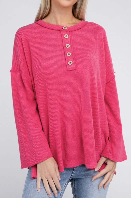 Ribbed Brushed Melange Hacci Henley Sweater, ZENANA, $ 29.00