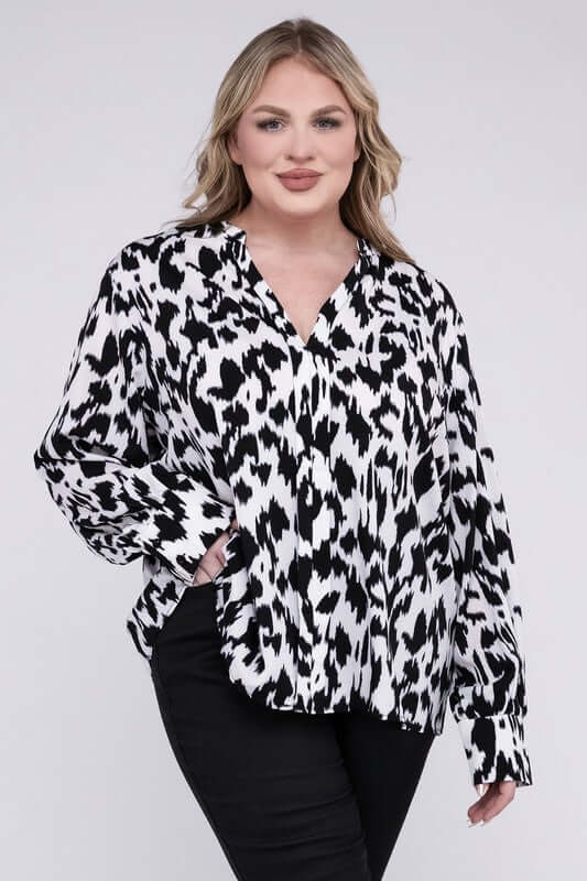 Plus Size Black & White Leopard Notched Neckline Blouse, Nuvi Apparel, $ 35.95