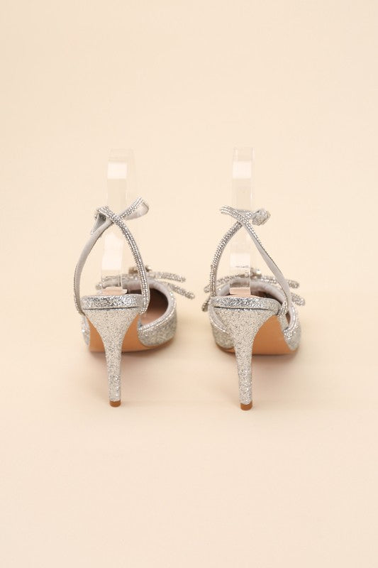 Shop Freya Point Toe Double Bow Heel in Black / Silver, Heels, USA Boutique